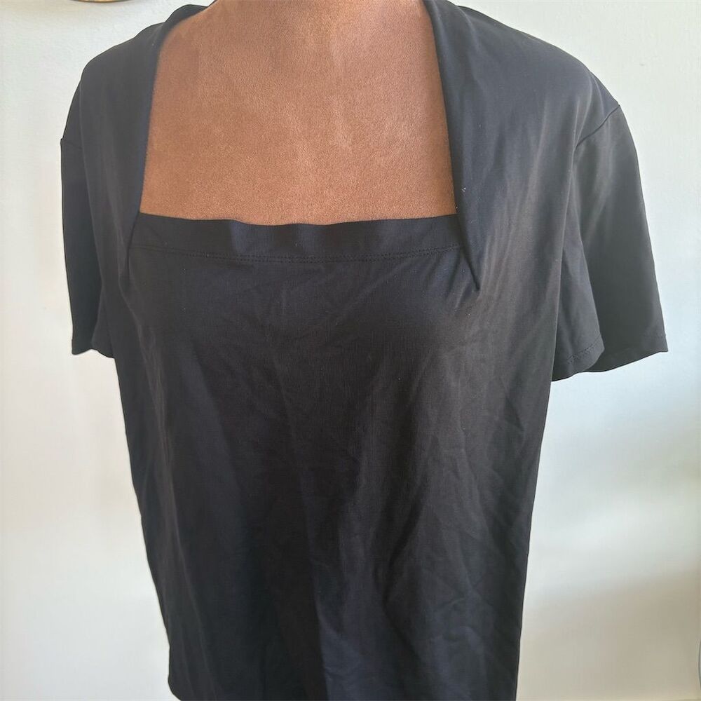 Talbots Women's 1X Black Square‎ Neck Short Sleeve Blouse Pleats in front